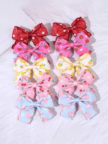 10pcs/Set Fruit Print Bow Hair Clips, Strawberry Cherry Peach Lemon Pattern Ribbon Bows, Cute Children Hair Accessories, Suitable For Daily Wear And Party, Back To School Season - Multicolor - View 9