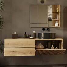 Space Saving Floating Wall Bathroom Vanity 140*53*37.5cm, Handleless Narrow Bathroom Storage Cabinet With Fluted Door & 2 Drawers, Damp Resistant Wall Mount Bathroom Unit Oak Light Gray For Apartment Small Washroom - Multicolor - View 4