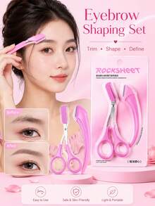 ROCK SWEET Heart-Shaped Eyebrow Comb Grooming Set, Dual-Head Eyebrow Trimming Scissors And Comb, Eyebrow Grooming, Beginner Tools - Hot Pink - View 1