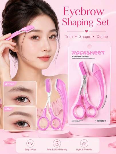 ROCK SWEET Heart Comb Eyebrow Repair Combination, Double Headed Eyebrow Trimmer Scissors Comb Eyebrows Safely Scratch Eyebrows, Beginner's Tool