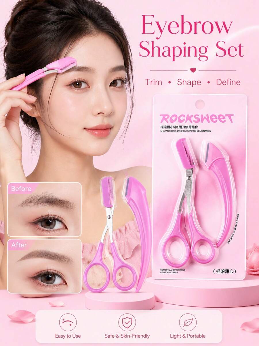 ROCK SWEET Heart-Shaped Eyebrow Comb Grooming Set, Dual-Head Eyebrow Trimming Scissors And Comb, Eyebrow Grooming, Beginner Tools - Hot Pink - View 1