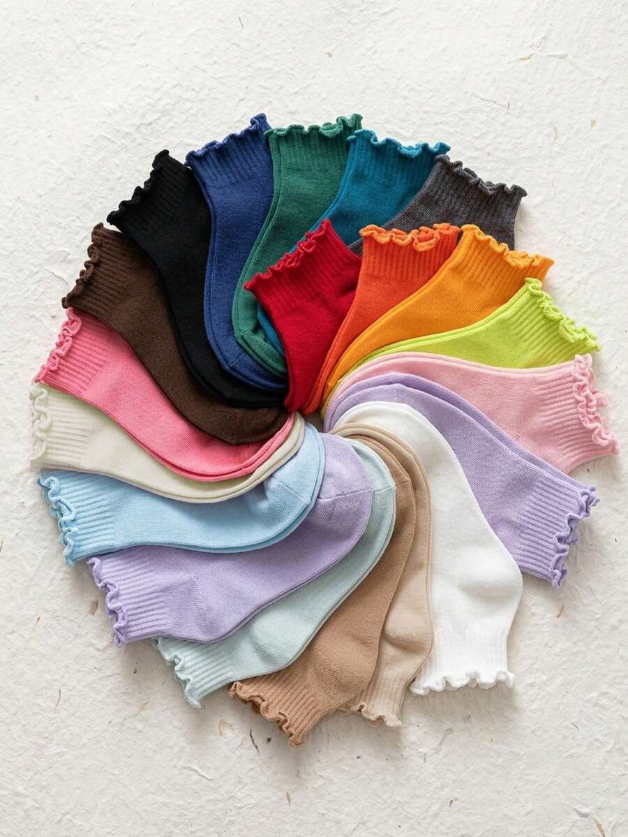 6 Pairs Kids Random Neutral Color Autumn/Winter Ruffle Trim Solid Color Soft Breathable Casual Mid-Calf Socks, Match With Skirts, Student Socks, Back To School Season Gift - Multicolor - View 1