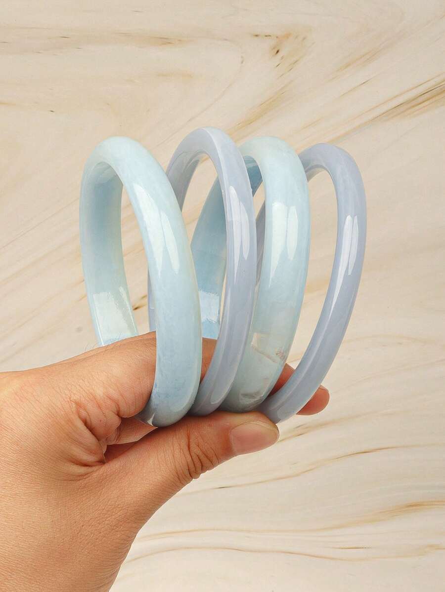 4pcs Vintage Resin Multi-Color Textured Acrylic Bracelets, Fashionable And Versatile For Women's Daily Wear - Haze Blue - View 1