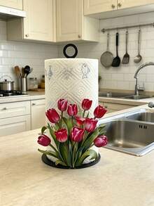 2D Acrylic Kitchen Towel Holder 1pc Pink Tulip Design Elegant Desktop Paper Towel Rack Storage Organizer Without Towels Or Fabric Interesting Gift - Multicolor a - View 12