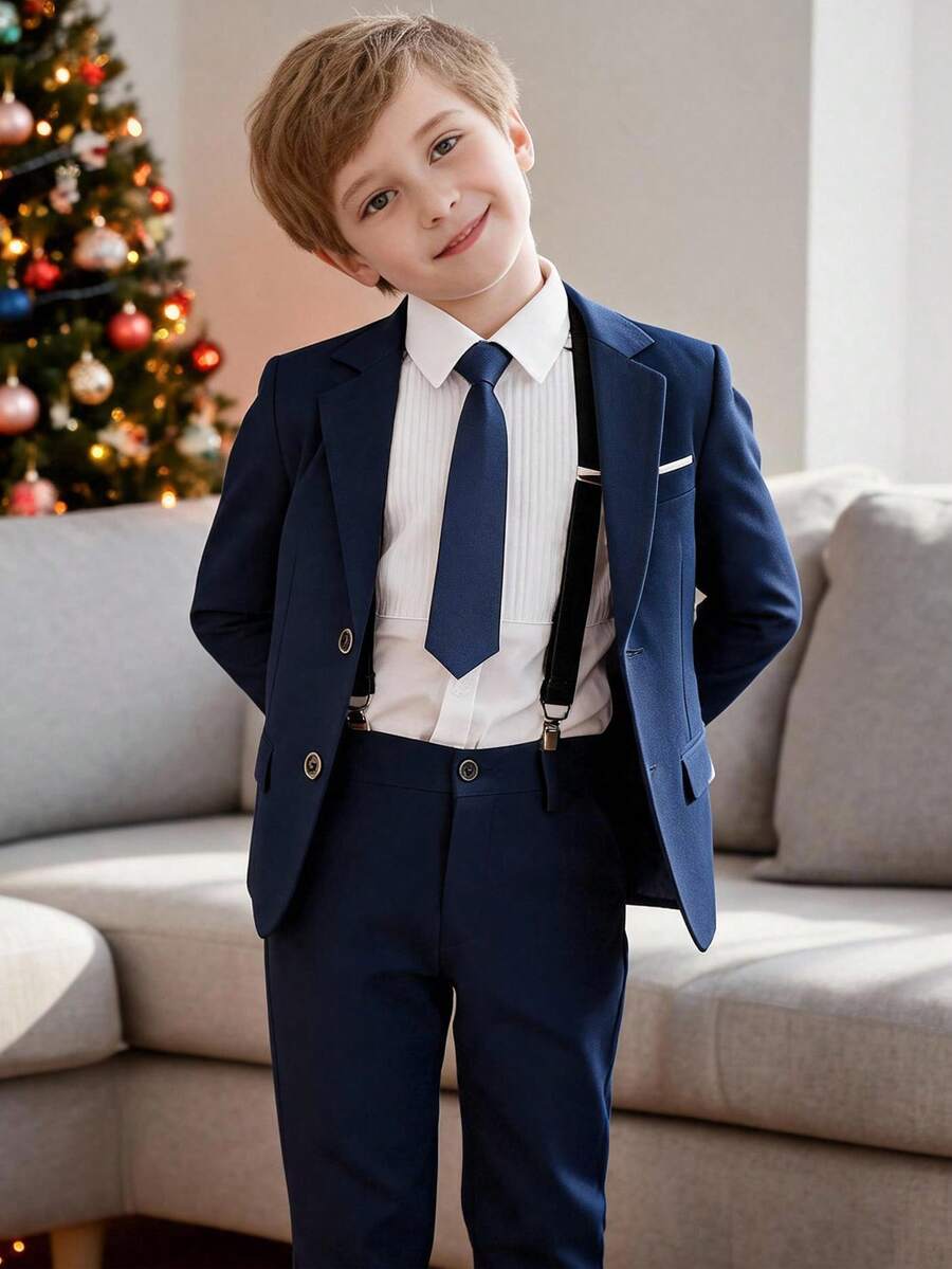 5pcs Boys Suit Set, Toddler Formal Outfit, Ring Bearer Tuxedo, Wedding Suit Jacket, Pants, Shirt, Tie, Formal Children Suit, Navy Blue, Size 4-16 Years - 藏蓝色 - 查看 1