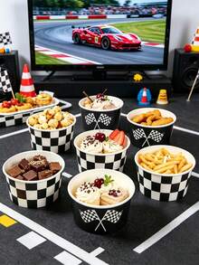 10pcs Black & White Racing Theme Paper Bowls, Racing Theme 1st Birthday Party Disposable Food Trays Paper Plates Snack Trays Food Containers Dessert Cups, Suitable For Snacks, Cake Decoration, Baby Shower Party, Gender Reveal Party Decoration, Birthday Party Decoration, Tabletop Decoration, Newborn Boy Birthday Party Supplies, Racing Theme Disposable Tableware, Baby Party Supplies, Party Favors - Black and White Racing Car - View 6