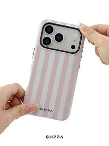 GIIPPA 1件淺粉色與淺灰色白色條紋圖案設計手機殼，適用於Phone 17 Pro Max，兼容Phone 16 Pro Max、15 Pro Max、14 Pro Max，韓式高端時尚趣味手機殼，兼容11/12/13/14/15/16 Pro Max Plus，優雅設計適合男女使用，送給女友的完美禮物，適用於聖誕節、情人節、復活節、婚禮季和生日！ - 淺粉色 - 查看 6