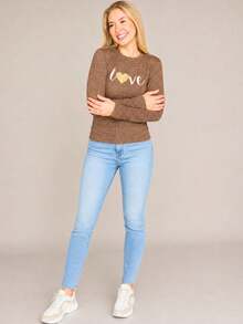 Lightweight Linen-Style Blouse With Cuffs, Hem, And Love Print, Cozy For Autumn - Mocha Brown - View 3