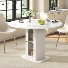 Round Bar Table With Storage For 2 To 4 People, Small Marble-Effect Dining Table, Kitchen Table With Door And Fluted Glass Shelf, 80 X 80 X 75 Cm, White - White - View 4