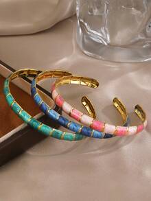 1/3PCS Stainless Steel 18K Gold Plated Minimalist C-Shaped Blue/Green/Pink Oil Drop Bracelet Suitable For Women's Daily And Party Wear - Multicolor - View 2