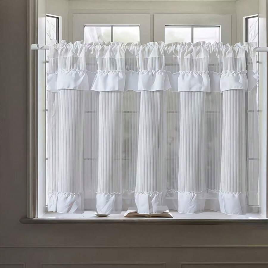 1PC New Japanese Style White Pleated Curtain With Double Layer White Sheer Edge Designer Window Curtain Small Window Curtain Kitchen Multi-Purpose Translucent Decorative Curtain Rod Pocket Design Decorative Small Window Curtain Kitchen Cafe Curtain Fresh Style Finished Rod Pocket Short Curtain - Beige - View 1