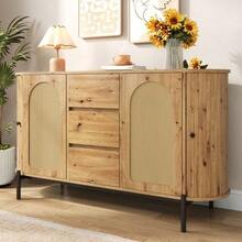 Oval Sideboard With Rattan, Sliding Doors, Doors And Drawers, Adjustable Compartments, Wood Look, Metal Legs, Multifunctional Storage Cabinet - 自然色 - 查看 7