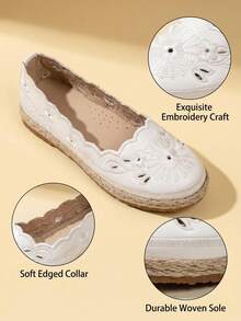 Girls Embroidered Straw Sole Kids Flat Shoes, Soft Round Toe Low Top Casual Shoes For Outdoor & School Performance, All Seasons Wear - Beige - View 9