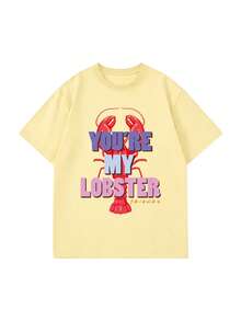 SHEIN X FRIENDS Summer Women Light Yellow Lobster Color Letter Print Oversized Casual Short Sleeve Tee - Yellow - View 5