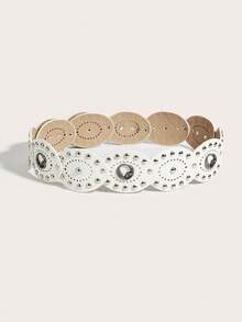 1pc Women's Bohemian Style White Patchwork Vintage Metal PU Belt With Silver Moon Accessory, Suitable For Dresses, Jeans, Music Festival And Commute Outfits - Moon Accessories With Silver Rivets and White Trim - View 29
