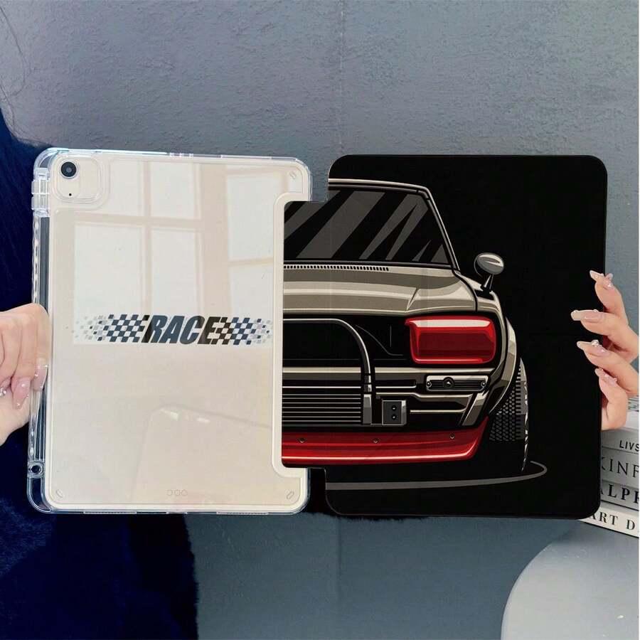 1pc Vintage Racing Print Tablet Protective Case, 3+Y Fold Multi-Angle Magnetic Stand, Tablet Case With Pen Slot And Auto Sleep/Wake Function, Compatible With IPad PRO/AIR, Pad 5/6/21, Pad, MatePad, Honor Pad - Multicolor - View 1