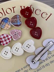 2/4pcs Heart Plaid Button Hair Clips, Energetic Girl Forehead Bangs Clips, Ancola Red Hair Accessories Alligator Hair Clips - Multicolor - View 8
