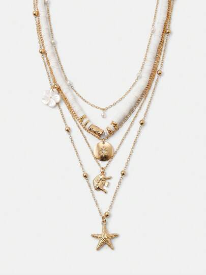 Lumivelle 1pc Bohemian Beach Vacation Style Starfish, Shell, Flower, Elephant Random Soft Ceramic Multi-Layer Necklace For Women (Avoid Contact With Water)