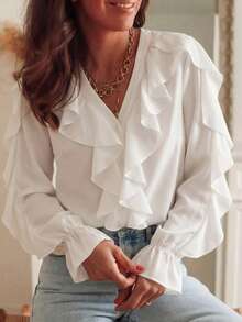 Plus Size Elegant Commuter Solid Color Ruffle Top White - White - View 3