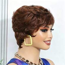 Lolely Dream Women's Short Layered Pixie Cut Wig 4# Chocolate Hair Bangs Style Glueless Full Machine Made - S4 - View 5