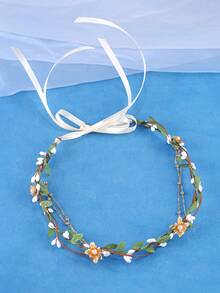 KOVLYNE 1 pièce Serre-tête de mariée bohème avec vigne fleurie, couronne florale avec chaîne dorée et perles avec nœud en ruban, accessoire de cheveux romantique pour mariage & festival pour femmes - Vert - Voir 2