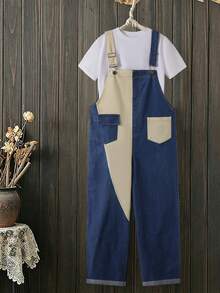 Girls' Denim Overalls, Personalized Fashion Casual Colorblock Patchwork Design, Street Utility Style, Multi-Pocket Loose Jumpsuit Long Pants, Suitable For Spring, Summer, Autumn, Winter, Back To School, Daily Casual Wear - Apricot - View 1