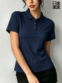 mulinsen 女款純色 Polo 領短袖襯衫，運動休閒日常夏季長袖上衣 - 藏蓝色 - 查看 7