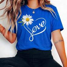 Camiseta Feminina Blusa Coração "Love" com Margarida T-Shirt Em Algodão com Gola Ribana Reforçada - Azul Royal - Visão 3