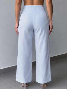 1pc Women's Fashion Striped Front Button Design Casual Wide Leg Pants, Suitable For Office & Dates, Spring/Summer - Blue - View 2