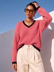 Plus Size Contrast Trim V-Neck Drop Shoulder Waffle Knit Sweater, Loose Long Sleeve Casual Pullover Pink - Pink - View 3