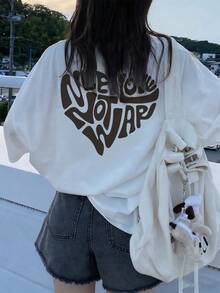 女款休閒圓領寬鬆版型字母與愛心印花短袖T恤，春夏百搭白色 - 白色 - 查看 2