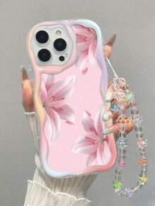 1 pieza Funda de teléfono con estampado completo de lirio con gotas de agua en rosa nude, marco de onda degradada de crema suave antiarañazos, con cordón de cuentas transparentes y flores de colores aleatorias, compatible con Apple, atmósfera suave y fresca de nicho, compatible con iPhone 17/17 Pro Max/16/16 Pro/16 Pro Max/15/15 Pro/15 Pro Max/14/14 Pro/14 Pro Max/13/13 Pro/13 Pro Max/12/12 Pro/12 Pro Max/11 Series, [Versión Internacional, No Versión Local] Series - transparente - Ver 1