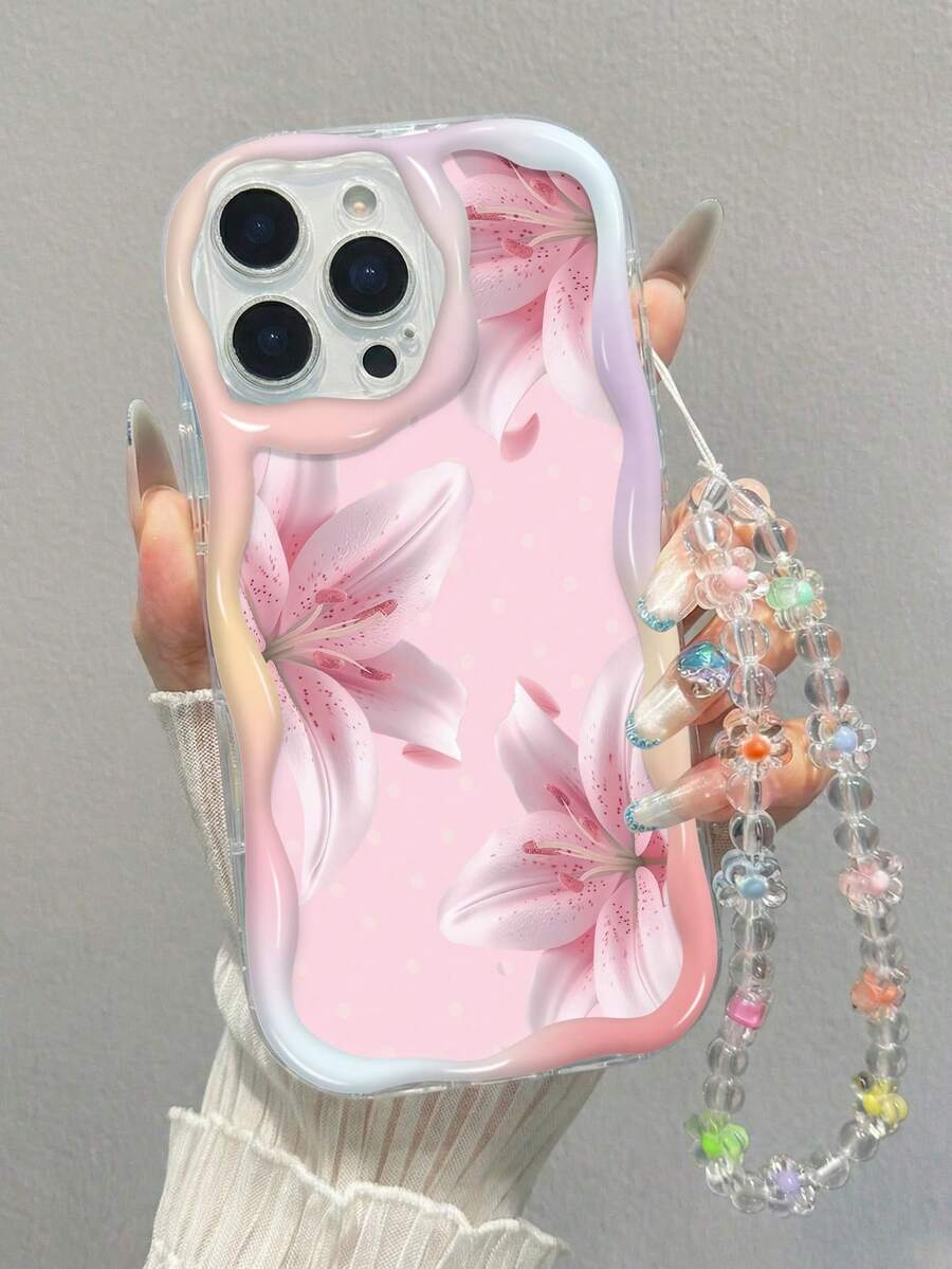 1 pieza Funda de teléfono con estampado completo de lirio con gotas de agua en rosa nude, marco de onda degradada de crema suave antiarañazos, con cordón de cuentas transparentes y flores de colores aleatorias, compatible con Apple, atmósfera suave y fresca de nicho, compatible con iPhone 17/17 Pro Max/16/16 Pro/16 Pro Max/15/15 Pro/15 Pro Max/14/14 Pro/14 Pro Max/13/13 Pro/13 Pro Max/12/12 Pro/12 Pro Max/11 Series, [Versión Internacional, No Versión Local] Series - transparente - Ver 1