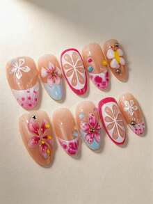 10pcs Medium Length Almond Shape Summer 3D Leopard Print Floral Almond Press-On Nails, Sweet & Elegant French Pearl Fake Nails, Instantly Elevate Your Look, Highlight Personal Simple Elegance, Elegant & Minimalist, Y2K Princess Minimalist Sexy Style, Suitable For Women And Girls Daily Use, Also A Delicate Gift For Women And Girls, Press-On Nails Nail Supplies - Multicolor - View 1