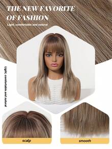 16 Inch Layered Straight Heat Resistant Synthetic Wig Dark Root Caramel Blonde Highlight Wig With Air Bangs, Realistic Hairline Lightweight Daily Date Photo Hair Wig For Women - Multicolor - View 3