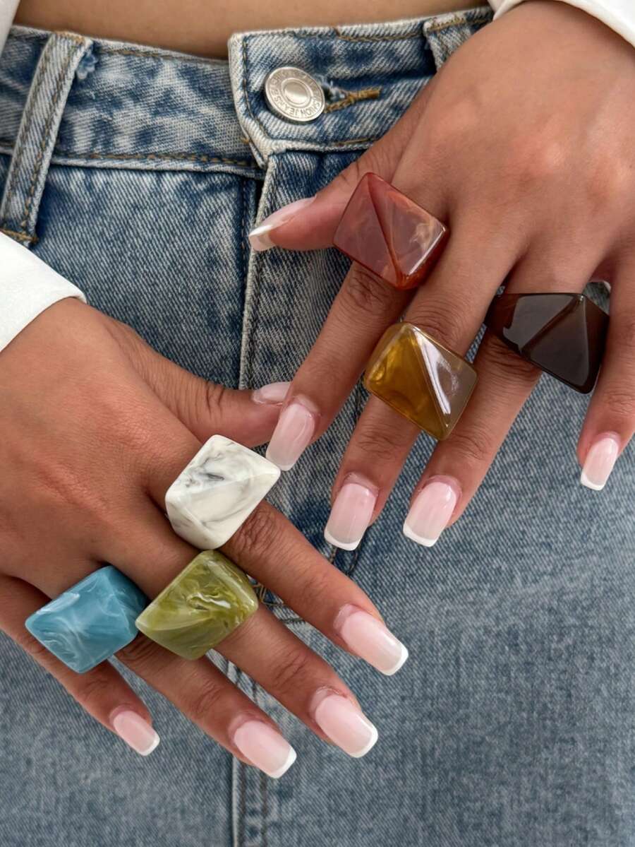 6pcs/Set Colorful Versatile Personalized Fashion Geometric Minimalist Wide Exaggerated Resin Rings Set For Women Daily Wear Holiday Party Jewelry - Multicolor - View 1