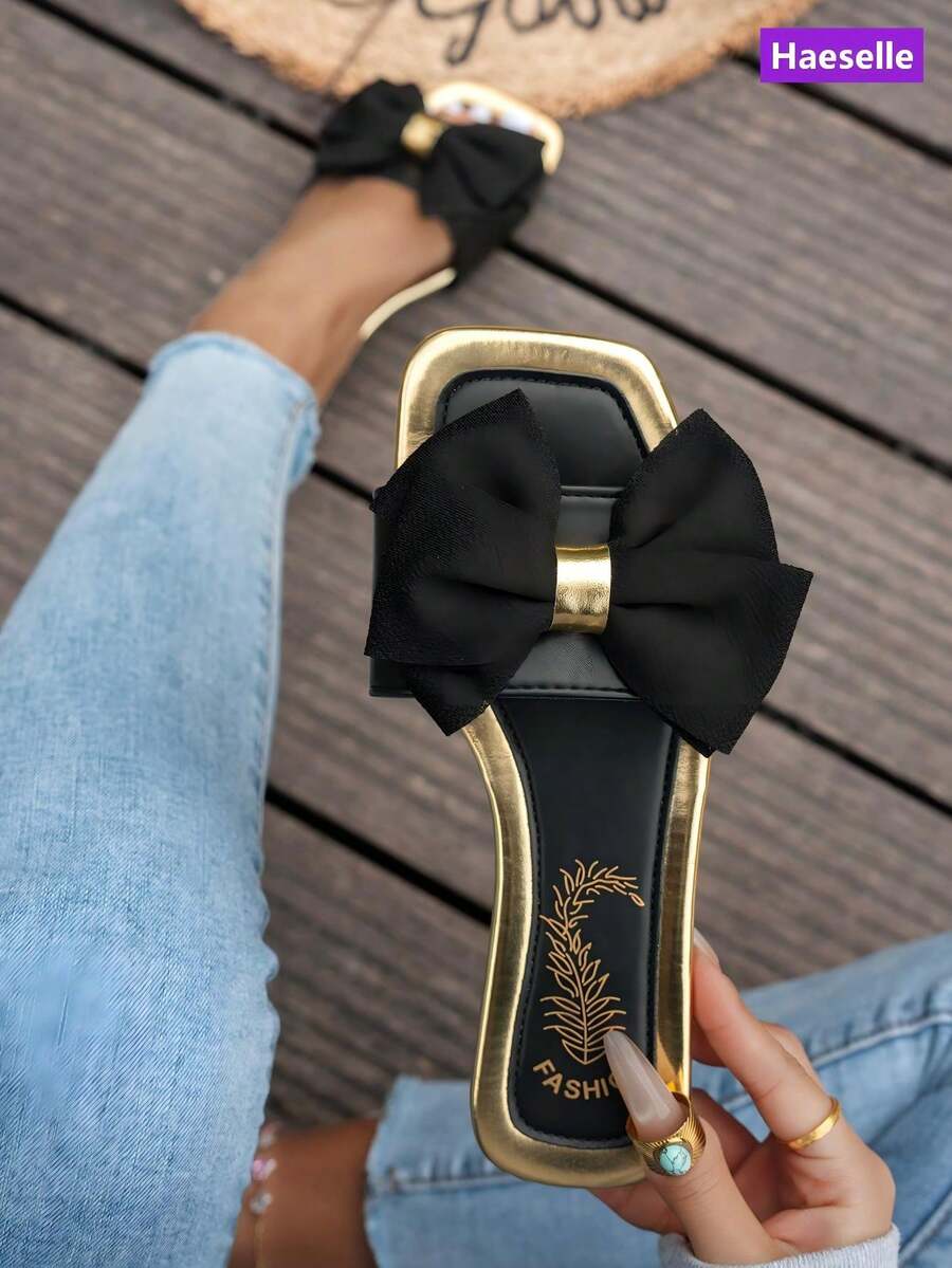 女款平底方頭蝴蝶結裝飾一腳蹬休閒度假沙灘拖鞋 - 黑色 - 查看 1