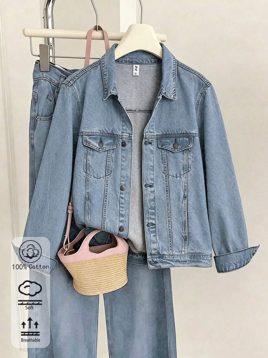 Classic Women's Denim Jacket Suitable For All Seasons. 100% Pure Cotton Vintage Washed Jacket. Loose Fit, Versatile And Casual Top - Light Denim Blue - View 1