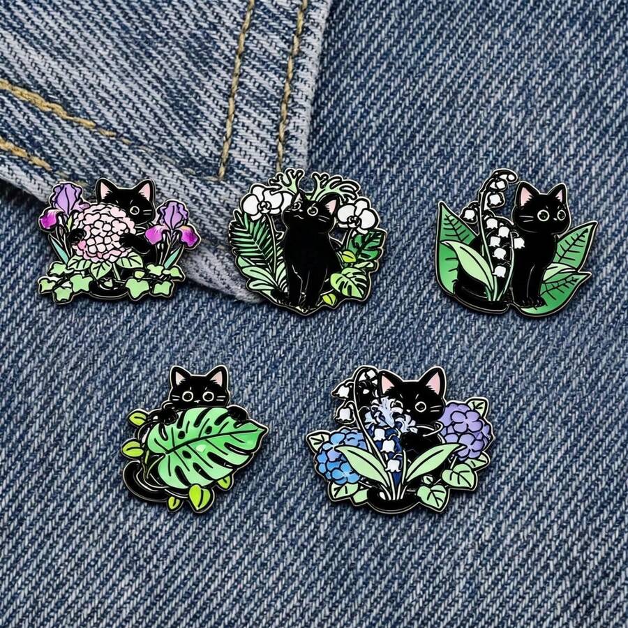 1/5 Cartoon Floral Cat Series Brooch Creative Cute Black Cat Metal Badge Clothing Backpack Pin Accessory Gift - Multicolor - View 1
