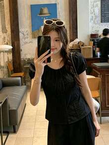 韓式新款甜美修身領結設計百搭顯瘦花瓣袖輕盈短袖女款夏季黑色襯衫上衣 - 黑色 - 查看 5