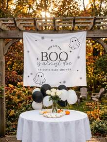Customized Halloween Baby Shower Backdrop - Personalized "Our Little Ghost Is Coming Soon" Ghost Banner, Cute Autumn Gender Reveal Party Photo Background - Multicolor - View 5