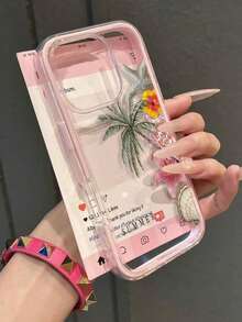 1pc Minimalist Summer Coconut Tree Pink Turtle Flower Pattern Phone Case, Color Block 2-In-1 TPU Shockproof Soft Shell Protective Cover Compatible With Apple 11/12/13/14/14 Plus/15/15 Plus/16/16 Plus/17/17 Pro And More Models - Multicolor - View 2