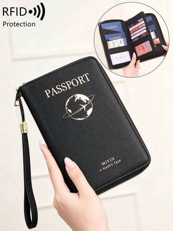 Dompet Paspor MIYIN dengan Perlindungan RFID, Dompet Perjalanan dengan Resleting, Muat 4 Paspor, Slot Kartu, Kantong Tiket Pesawat, Tali Pergelangan Tangan, Pengatur Dokumen