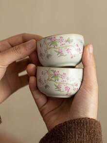 1pc/2pcs/4pcs Beige Ru Yao Peach Branch Pink Ceramic Tea Cup, Can Be Nurtured And Develop Crackle, Kung Fu Tea Set, Personal Small Single Cup - Multicolor - View 1