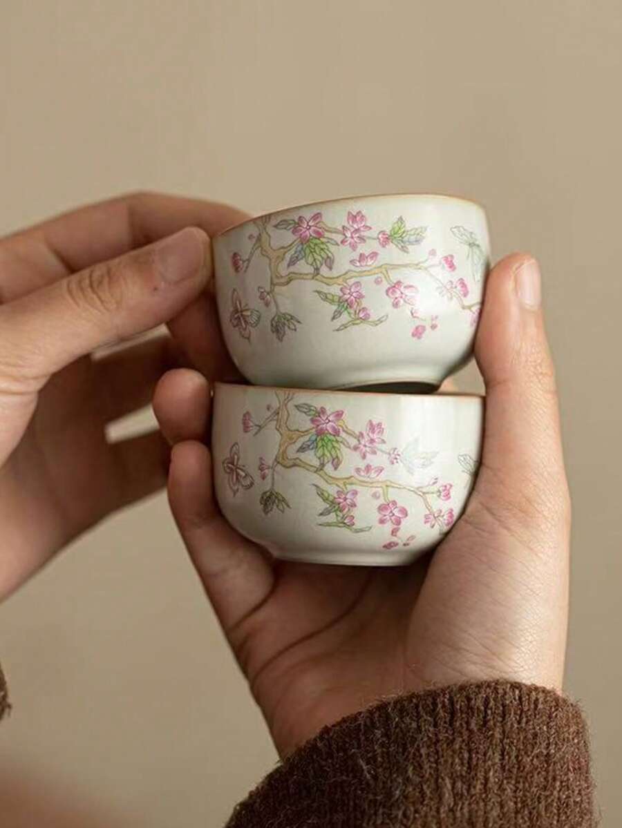 1pc/2pcs/4pcs Beige Ru Yao Peach Branch Pink Ceramic Tea Cup, Can Be Nurtured And Develop Crackle, Kung Fu Tea Set, Personal Small Single Cup - Multicolor - View 1