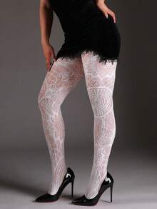 1 paire de collants en résille jacquard tournesol grande taille, leggings ajourés à motif feuille, sexy et polyvalents pour fête, maison, bureau, Noël, Halloween, bas noirs convenant à diverses tenues de fêtes et de saisons - Blanc - Voir 2