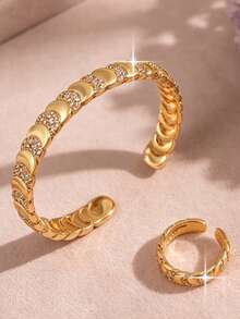 2pcs/Set Perhiasan Gelang & Cincin Zirkonia Kubik Motif Bulan yang Indah, Gelang Pesona Modis untuk Pertunangan, Pernikahan, Pesta, Pemakaian Sehari-hari, Festival Musik - Yellow Gold - View 2