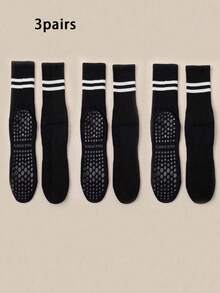 3 pares de calcetines antideslizantes para pilates de mujer, calcetines de yoga con agarre pegajoso, calcetines deportivos, negro blanco rosa, para todas las estaciones - Negro - Ver 2
