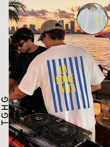T Summer Men's Fitted T-Shirt, Vacation Travel Beach, White With Blue Stripes And Yellow Print On Back - White - View 1