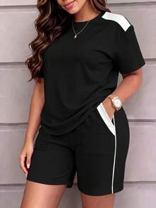 Setelan Atasan dan Celana Pendek Lengan Pendek Leher Bulat Kasual Wanita, Dengan Saku, Kain Sedikit Elastis, Elegan untuk Musim Semi, Musim Panas, dan Musim Gugur - Hitam dan Putih - View 2